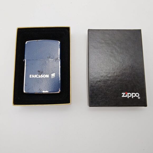 Zippo Ericsson Telecom Advertising Lighter Blue USA 2000 w/ Box Sparks READ